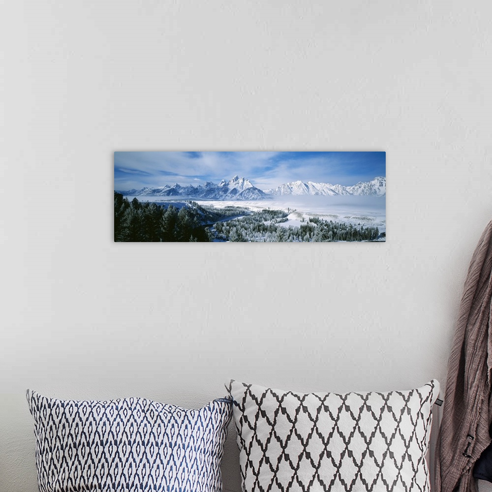 A bohemian room featuring This is a panoramic photograph of the snowscape surrounding these Montana mountain peaks in winter.