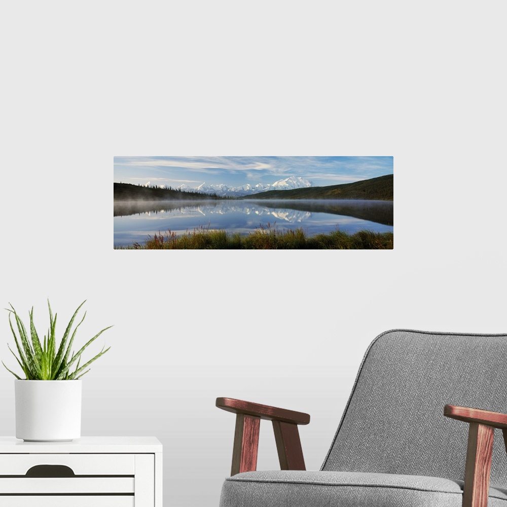 A modern room featuring Snow-covered Mount McKinley and Alaska Range, reflection in Wonder Lake, Alaska