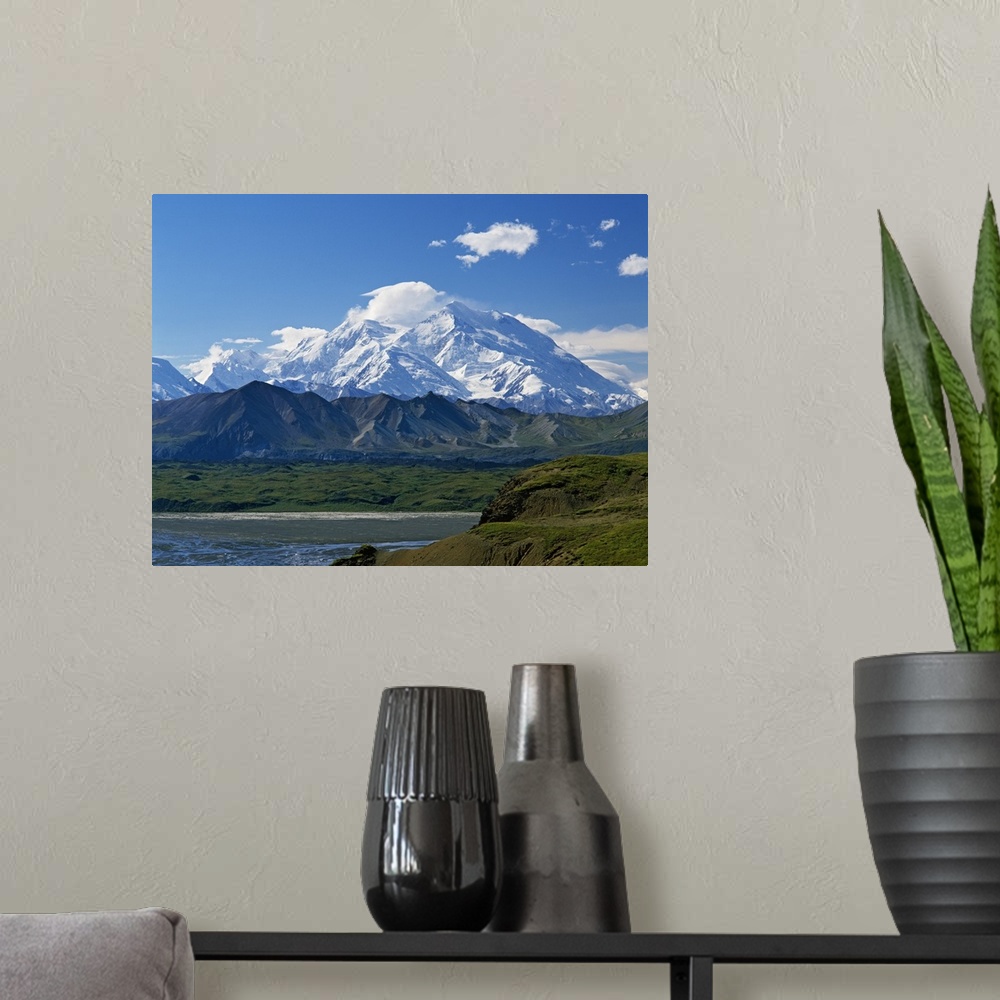 A modern room featuring Snow-covered Mount McKinley, blue sky, Denali National Park, Alaska