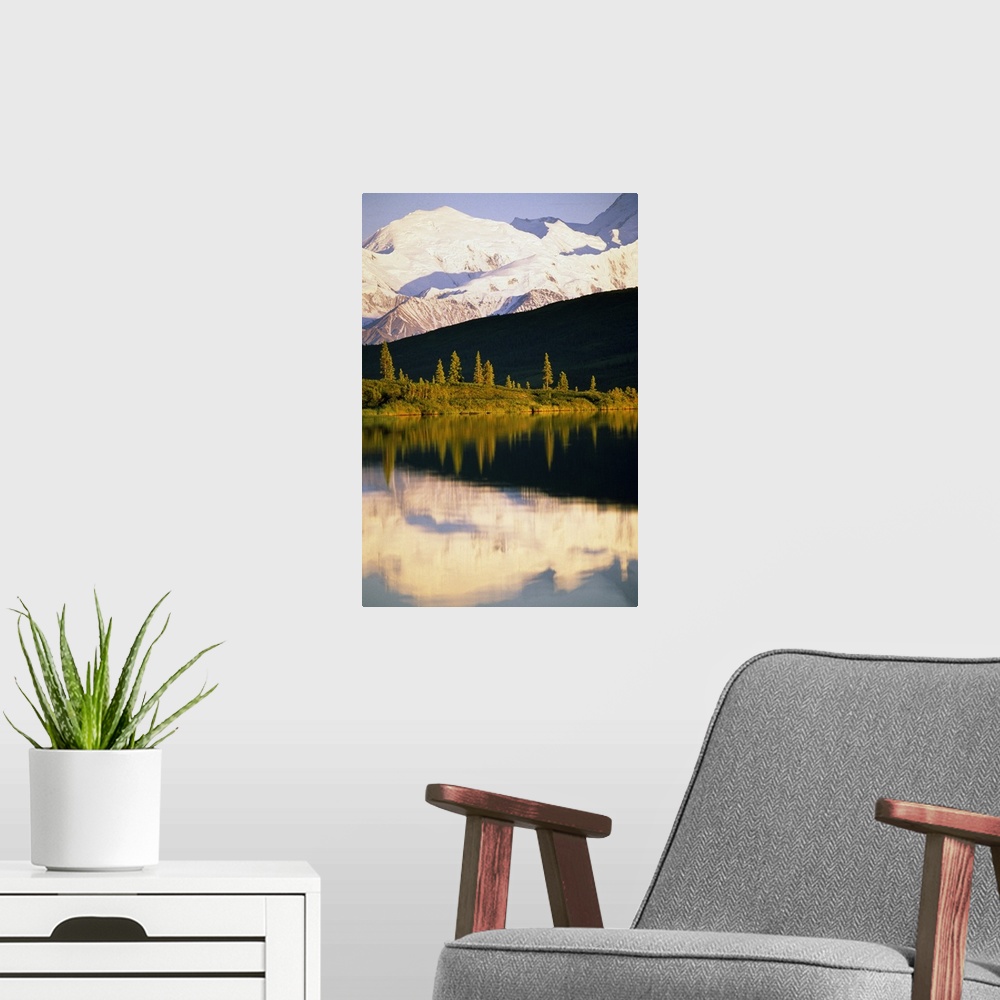 A modern room featuring Snow-covered Mount McKinley reflected in Wonder Lake, Denali National Park, Alaska