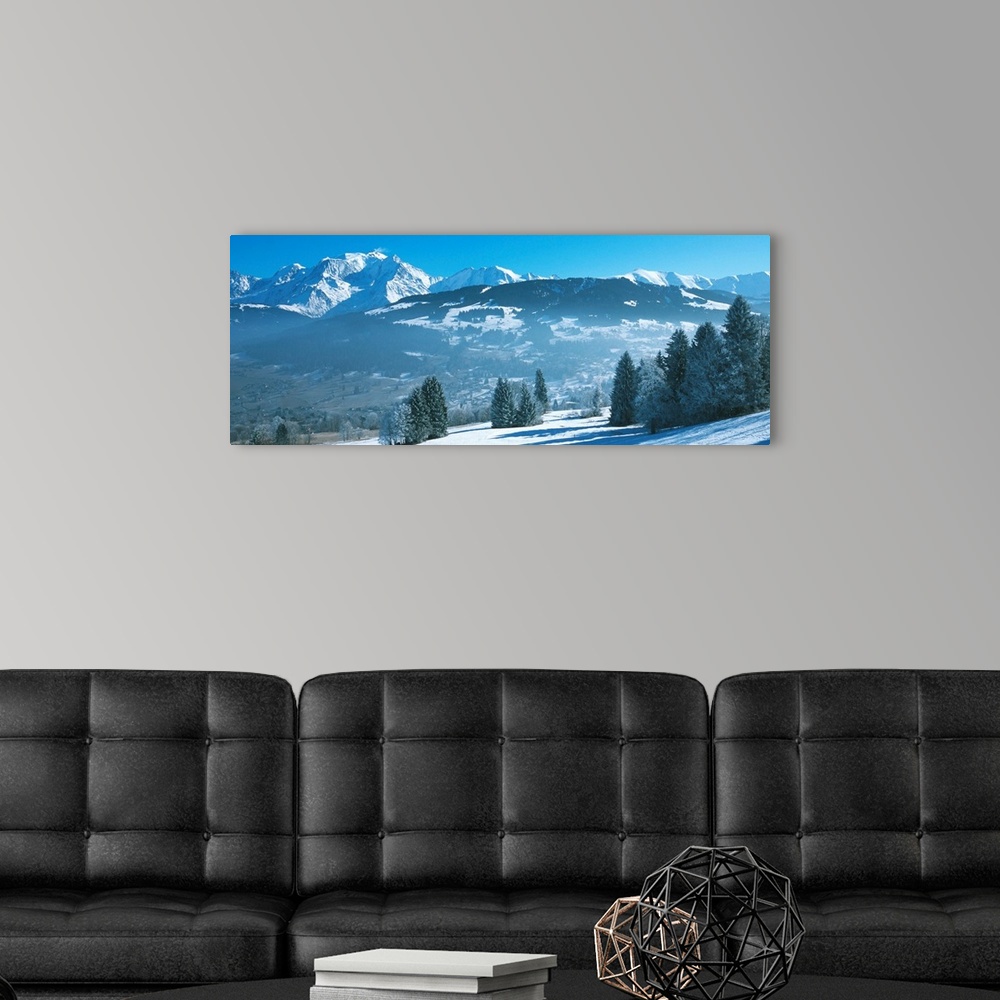 A modern room featuring Snow-covered mountains in winter, Mont Blanc Massif, Haute-Savoie, Rhone-Alpes, France