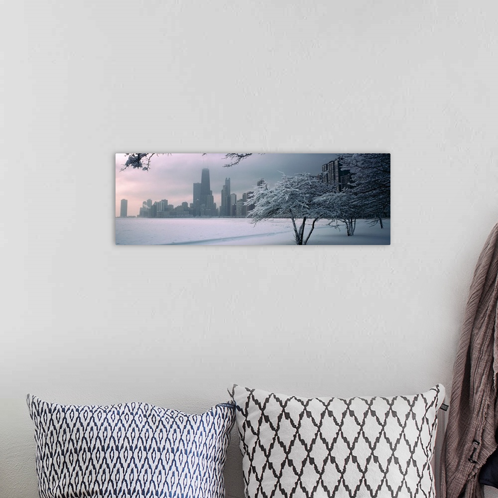 A bohemian room featuring Panoramic photograph of winter snow on a shore with a city skyline in the distance.  There are tr...