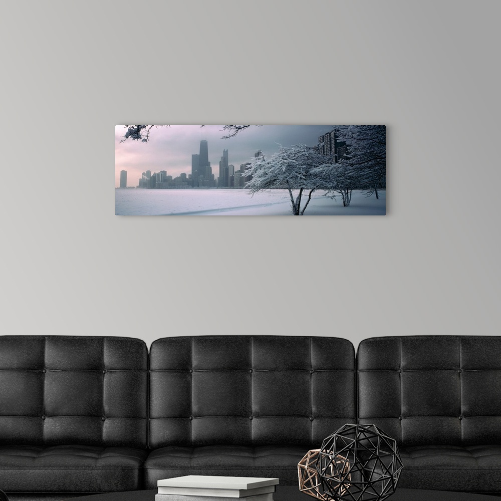 A modern room featuring Panoramic photograph of winter snow on a shore with a city skyline in the distance.  There are tr...
