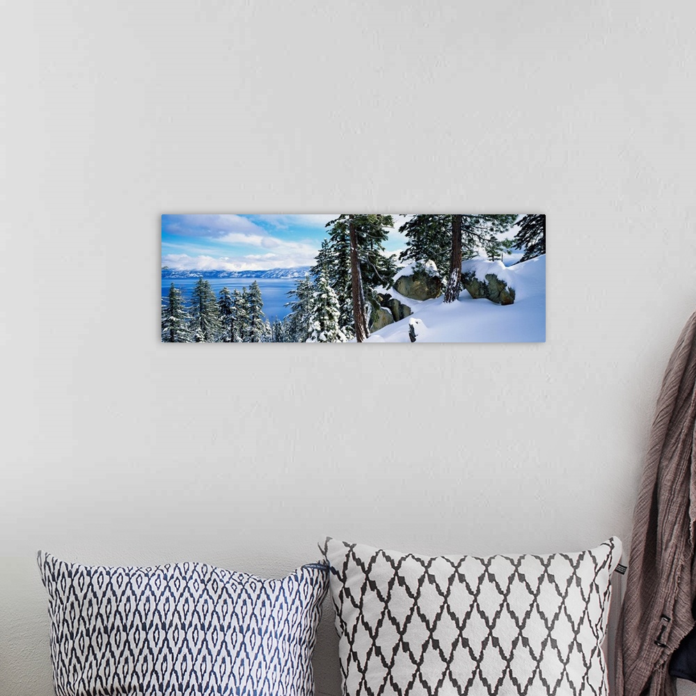 A bohemian room featuring A landscape photograph taken from a mountain ridge in winter looking down into the scenic lake an...