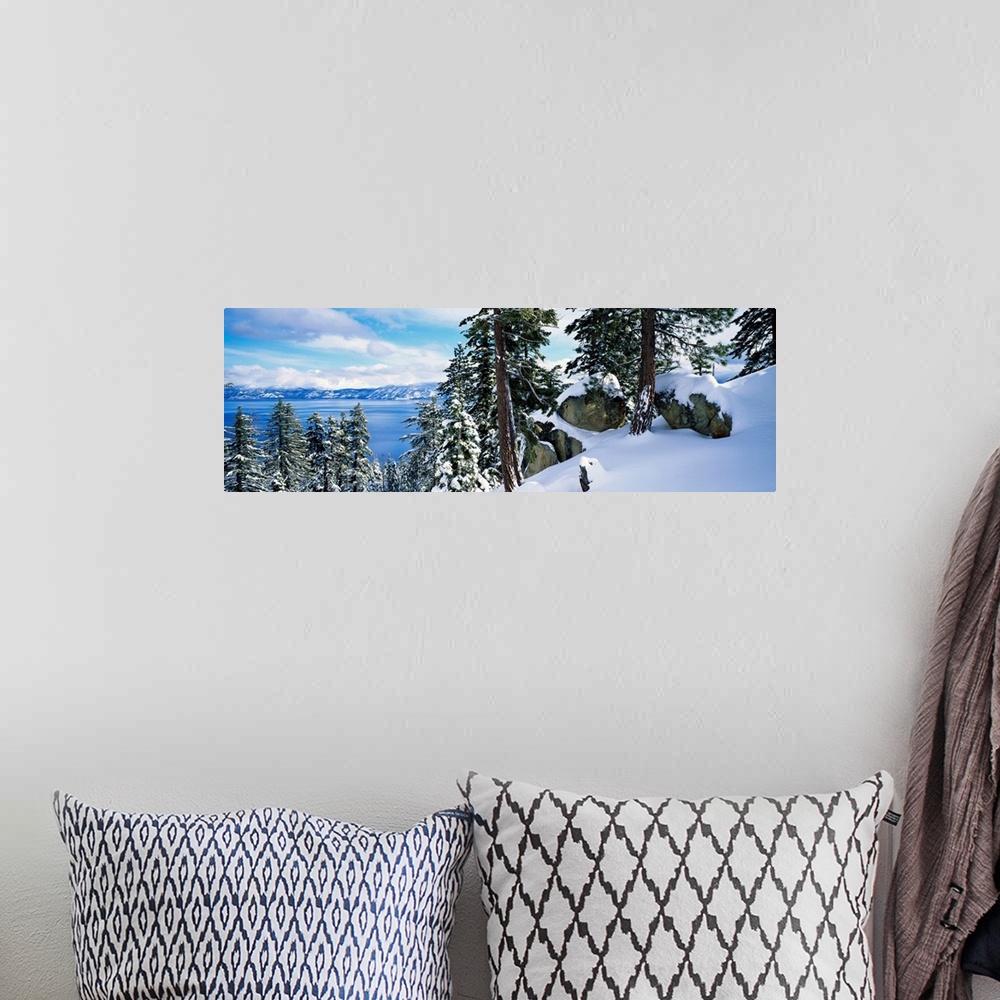 A bohemian room featuring A landscape photograph taken from a mountain ridge in winter looking down into the scenic lake an...