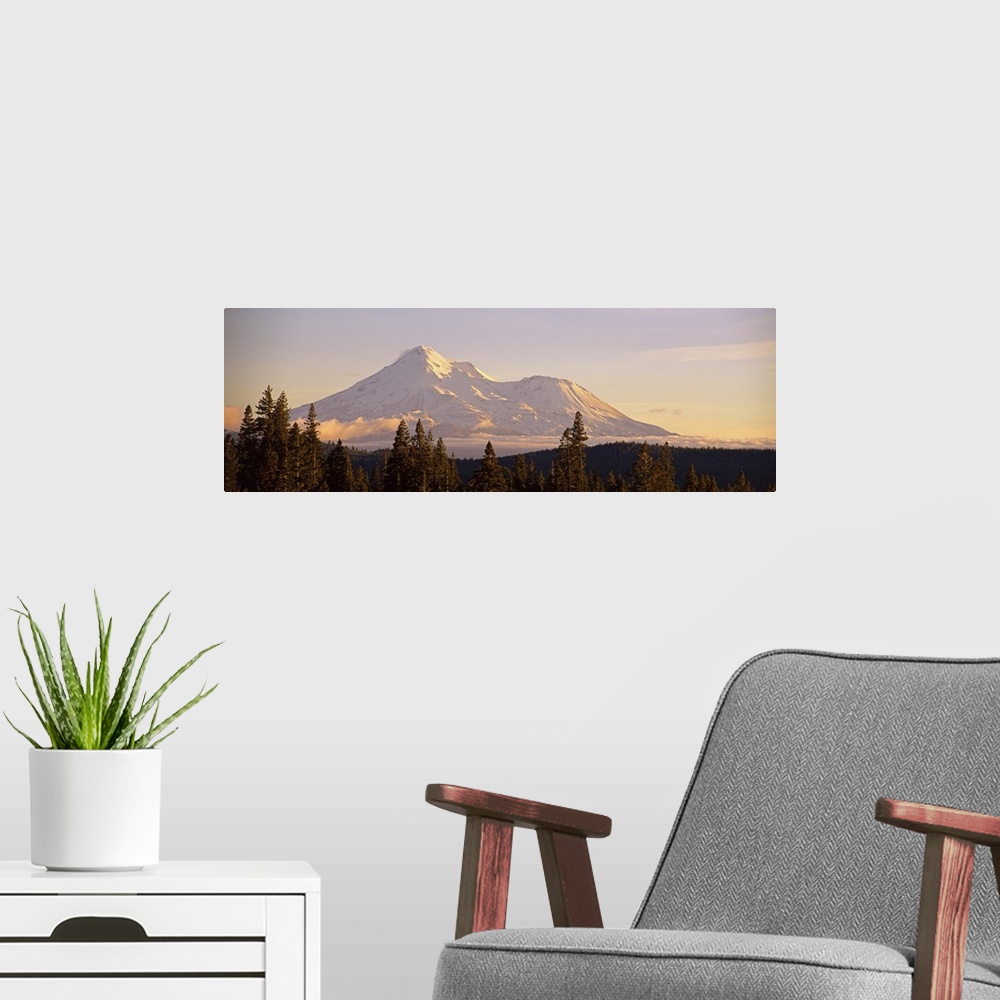A modern room featuring Snowcapped mountain at dusk, Mt Shasta, California