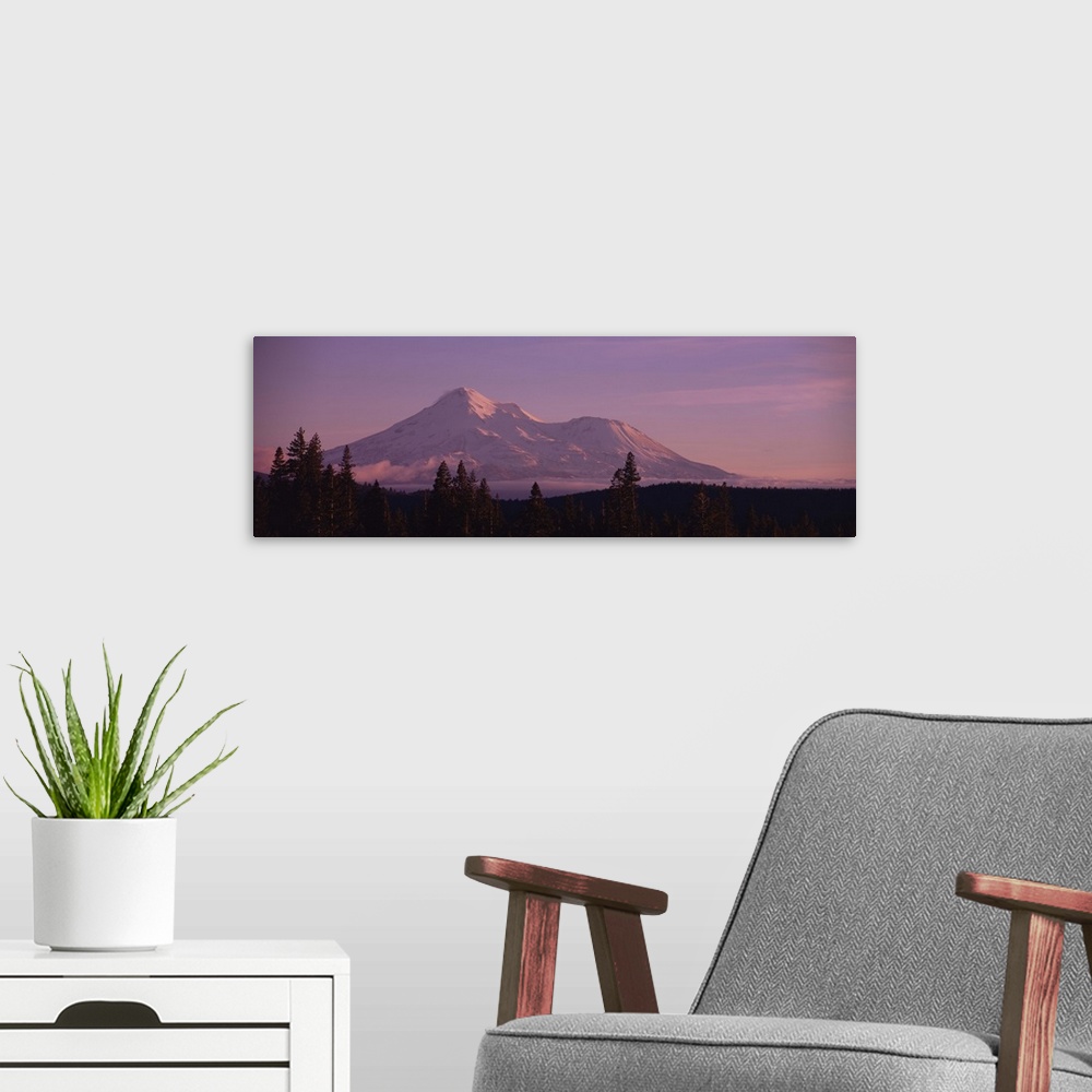 A modern room featuring Snowcapped mountain at dusk, Mt Shasta, California