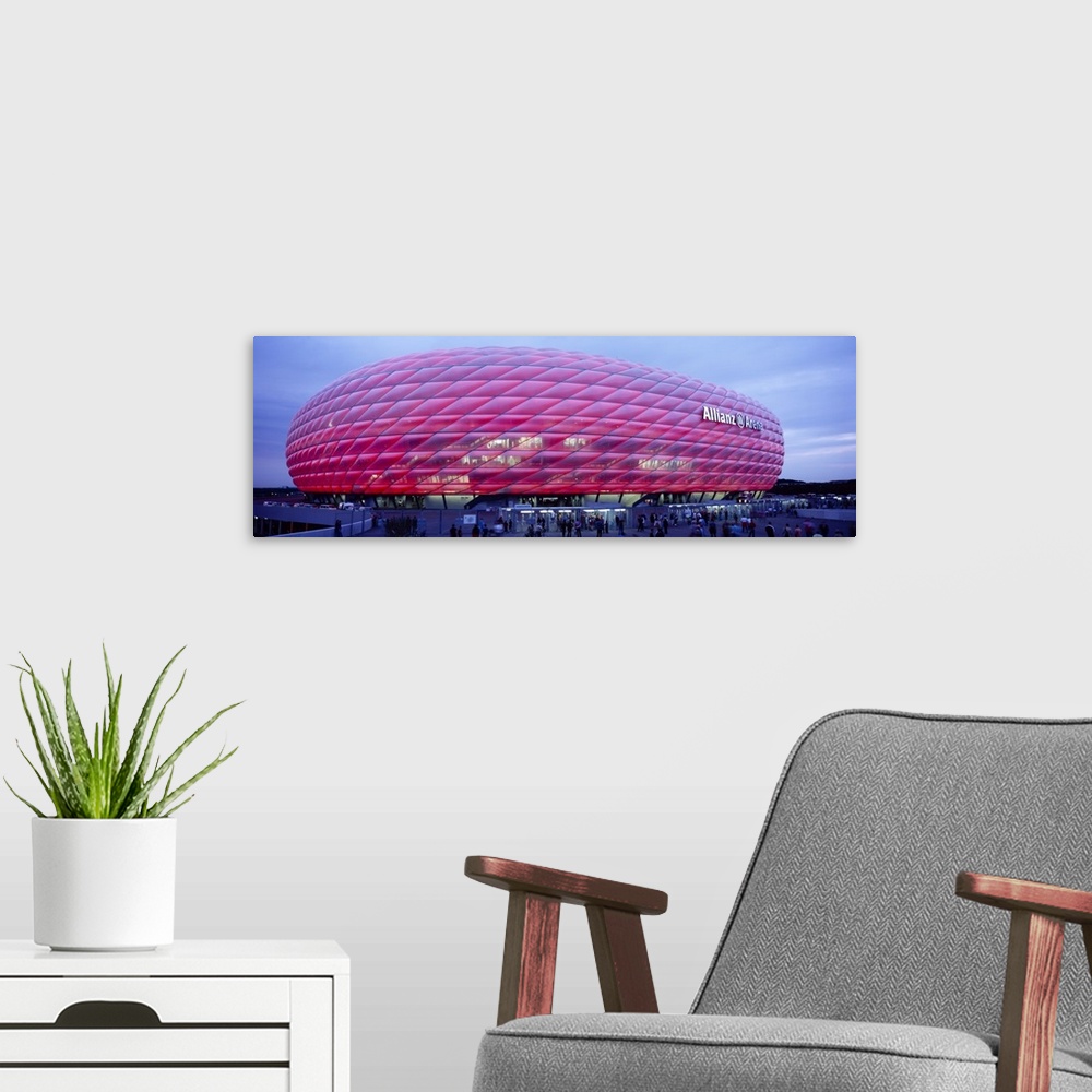 A modern room featuring Soccer Stadium Lit Up At Dusk, Allianz Arena, Munich, Germany