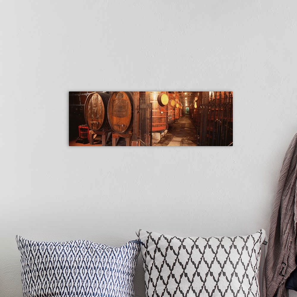 A bohemian room featuring Panorama of a cellar where barrels of aging wine are being kept in controlled temperatures and hu...
