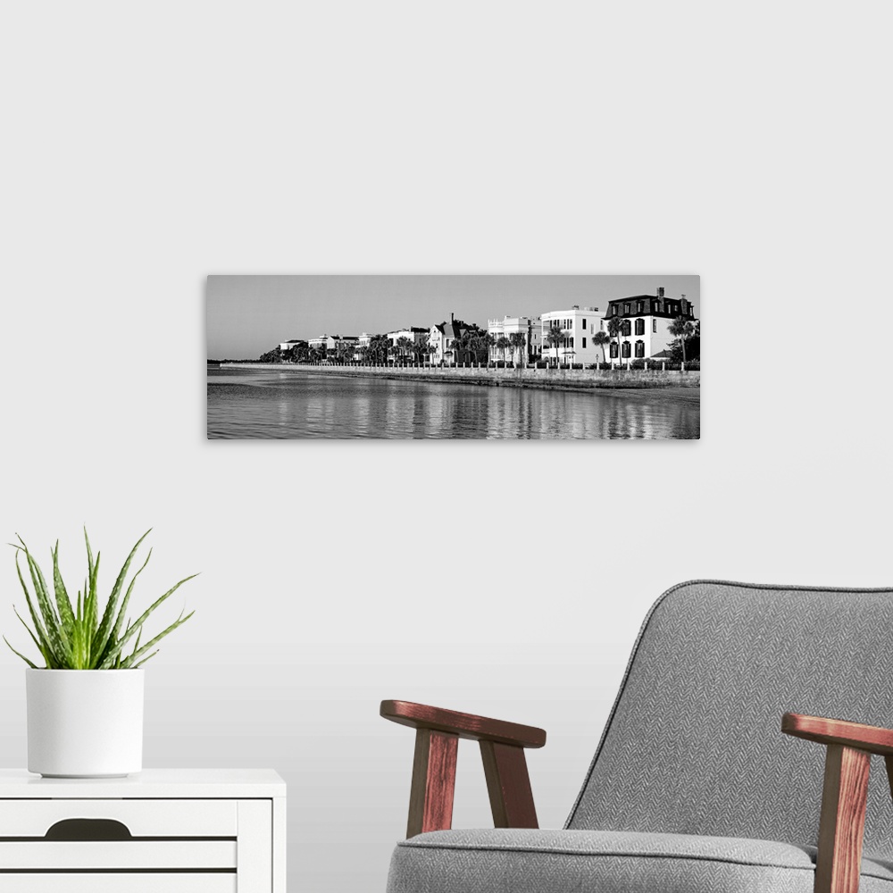 A modern room featuring South Carolina, Charleston, View of buildings along the waterfront (Black And White)