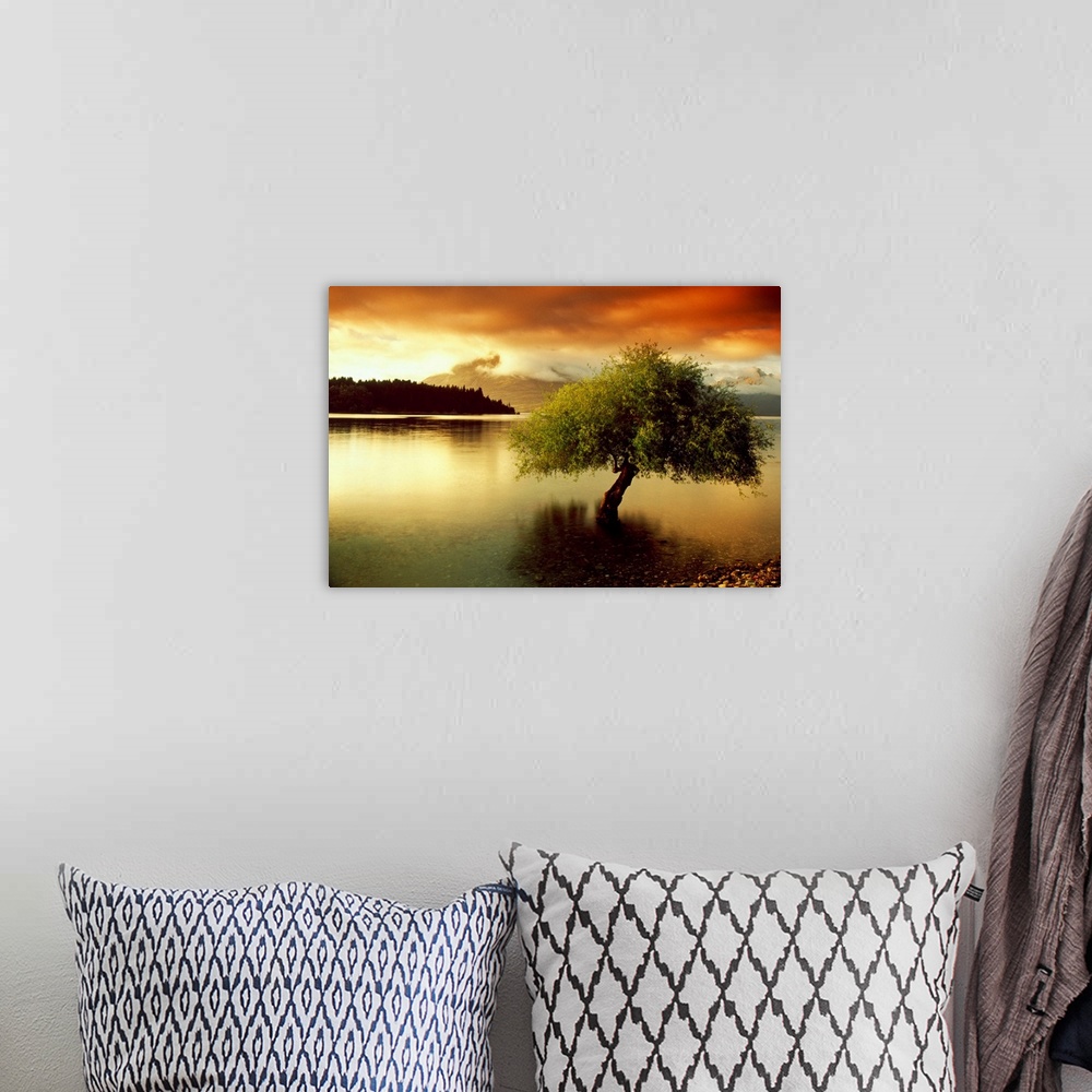 A bohemian room featuring A lone tree growing out of a lake during a dramatic sunset. This big landscape canvas has dark sh...