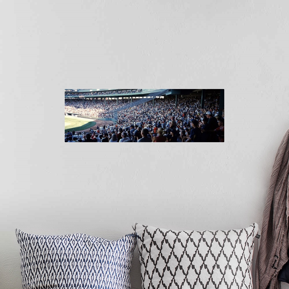 A bohemian room featuring Panoramic, big photograph of packed stands of fans watching a baseball game at Fenway Park, in Bo...