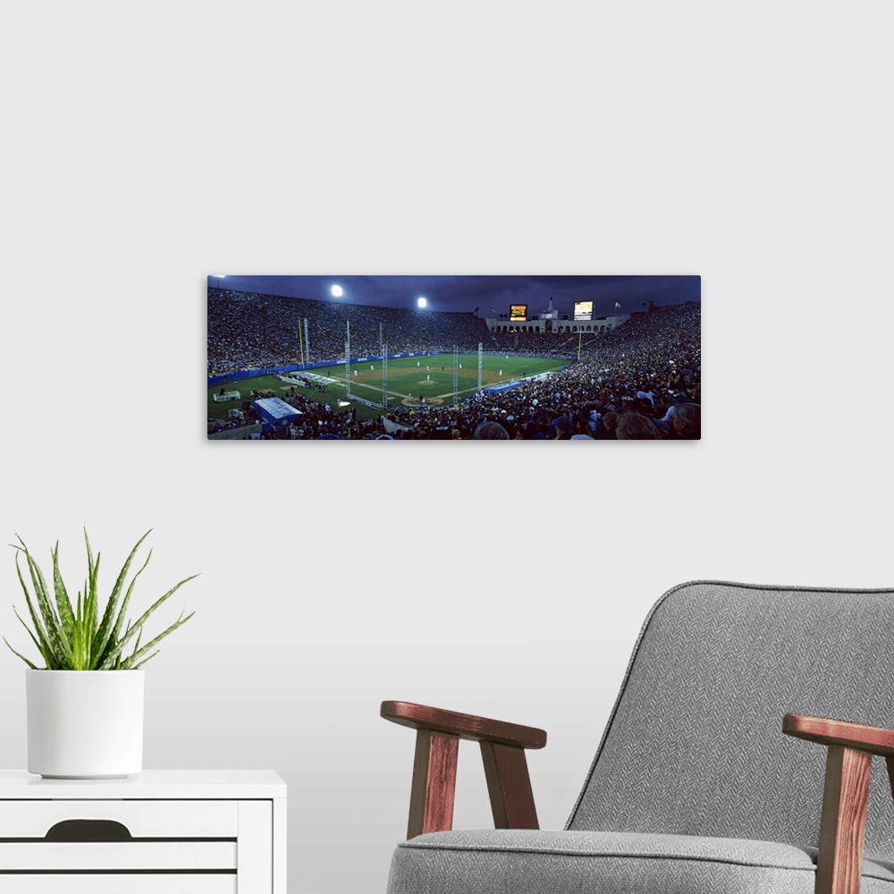 A modern room featuring Spectators watching baseball match, Los Angeles Dodgers, Los Angeles Memorial Coliseum, Los Angel...