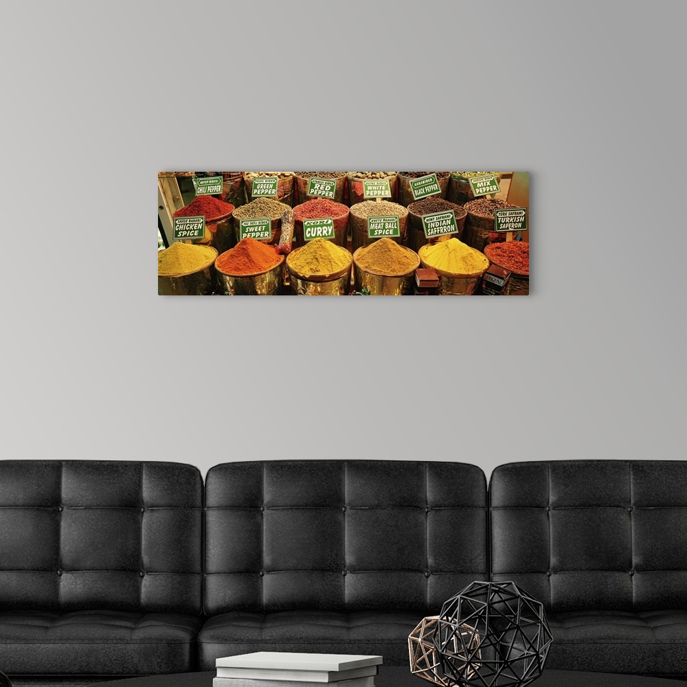 A modern room featuring Panoramic image on canvas of buckets of different spices for sale in Turkey.