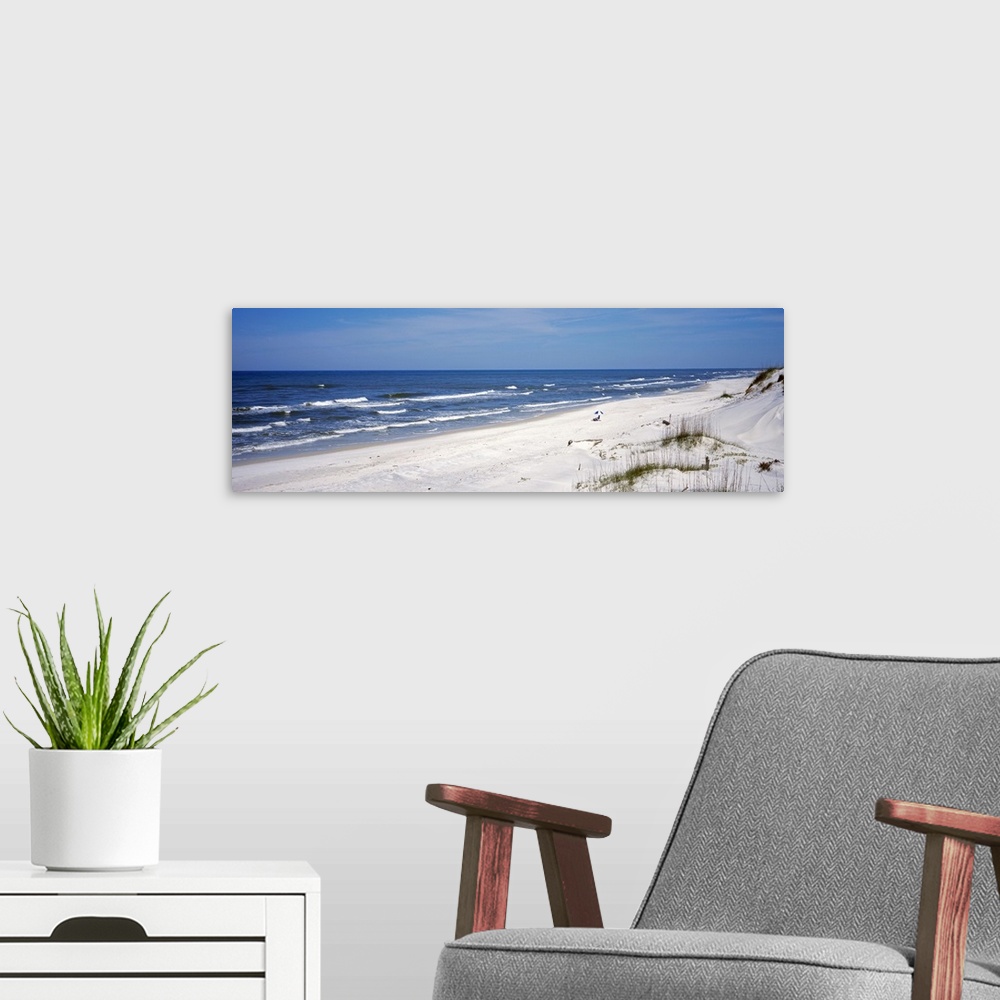 A modern room featuring This wall art is a panoramic photograph of a sandy Florida beach lined by dunes on a clear sunny ...