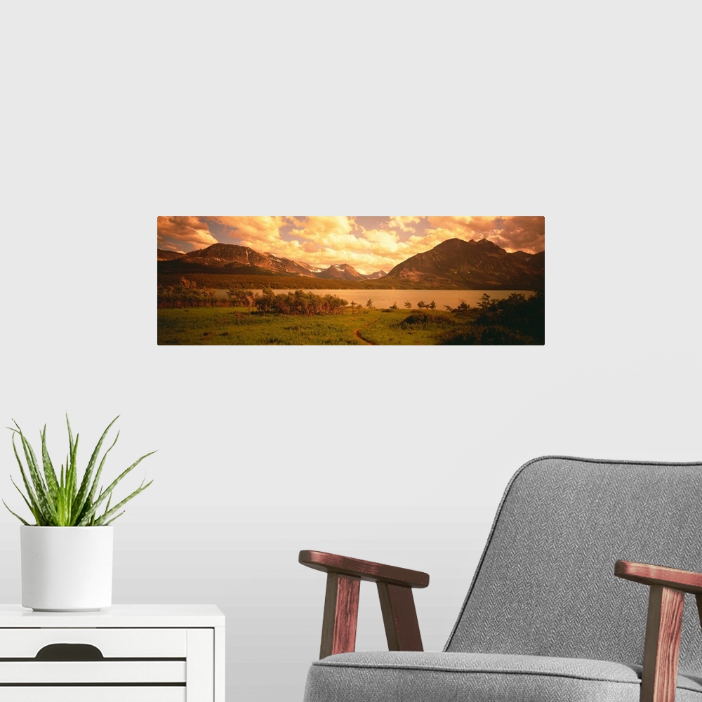 A modern room featuring Sunset over the Rocky Mountains at Saint Mary Lake in Glacier Nation Park, Montana.