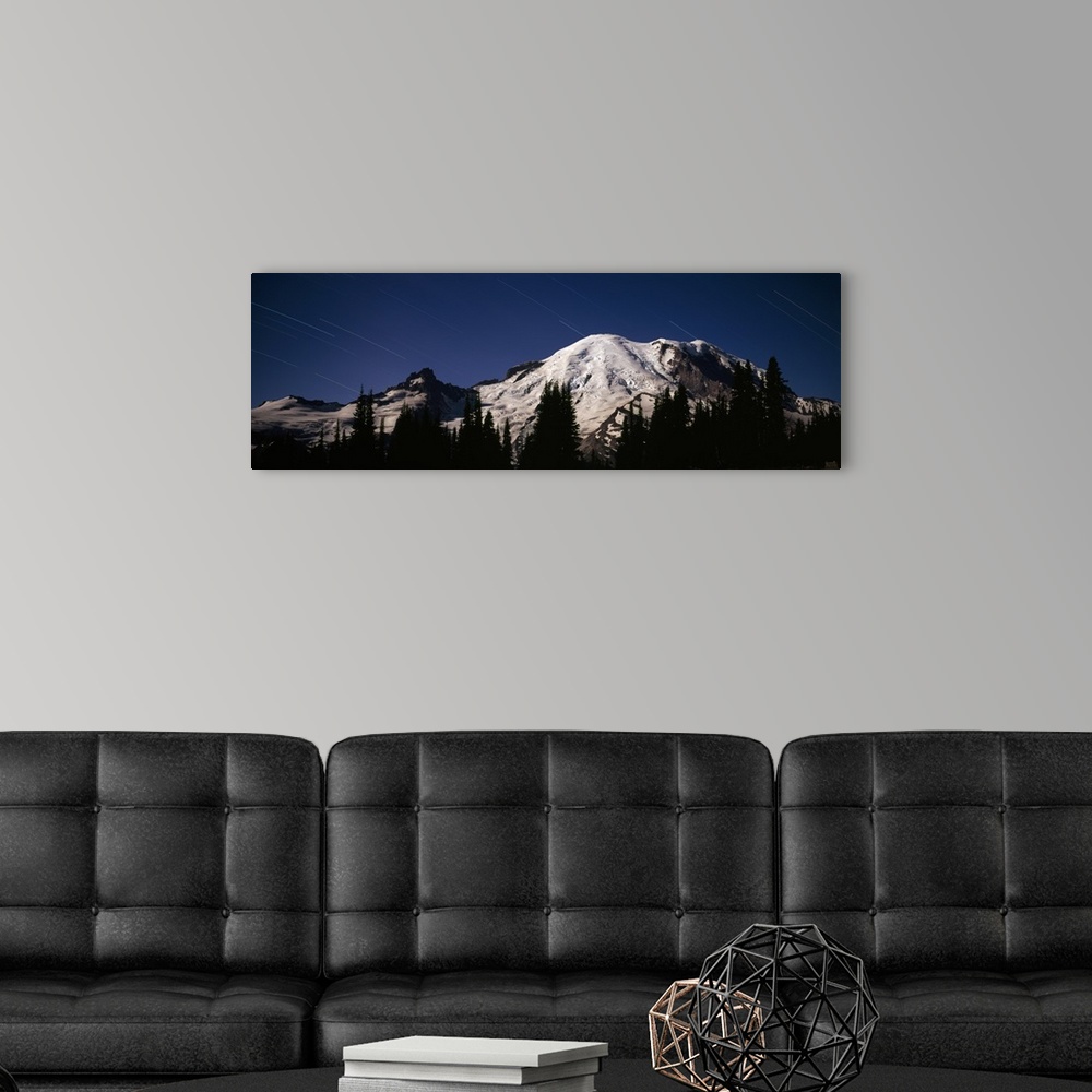 A modern room featuring Star trails over mountains, Mt Rainier, Washington State,