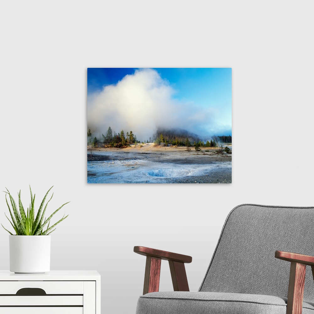 A modern room featuring Steam cloud over Norris Geyser Basin, Yellowstone National Park, Wyoming
