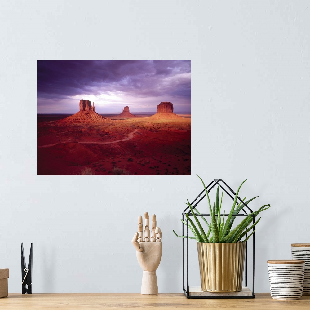 A bohemian room featuring Big photograph shows a barren desert landscape within the Southwestern United States as three gig...