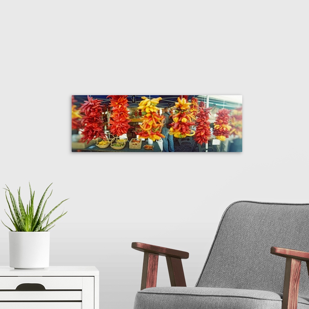 A modern room featuring Strands of chili peppers hanging in a market stall Pike Place Market Seattle King County Washingt...