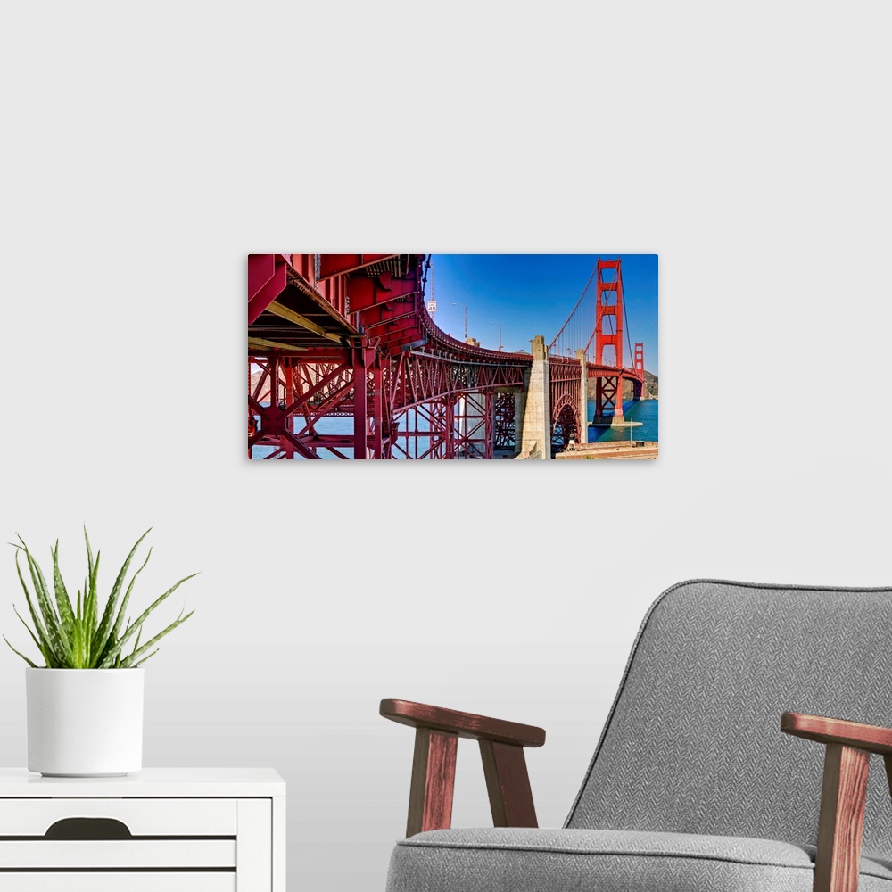 A modern room featuring Structural supports for the bridge, Golden Gate Bridge, San Francisco, California