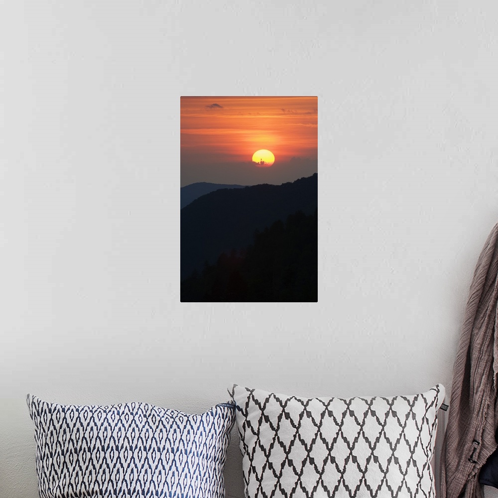A bohemian room featuring Sun setting behind clouds, silhouetted mountains, Great Smoky Mountains National Park, Tennessee
