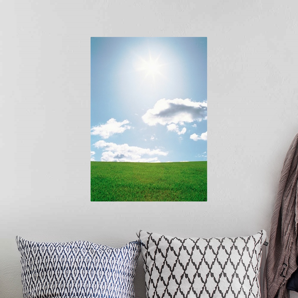A bohemian room featuring Sun shining with clouds over grassland