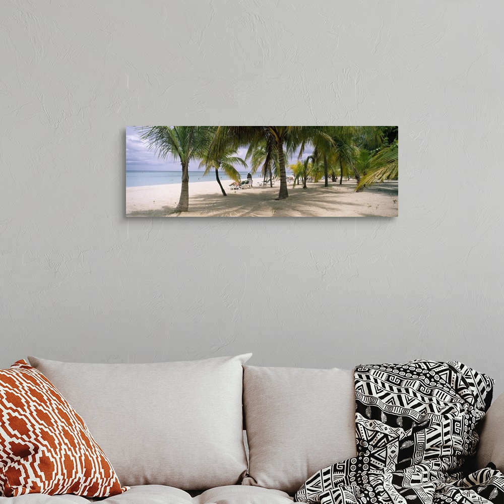 A bohemian room featuring Panoramic photograph of palm trees on shoreline with ocean in the distance.  There are beach goer...