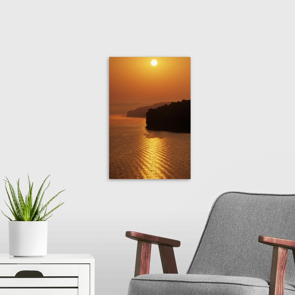 A modern room featuring Sunrise Over Lake Tenkiller