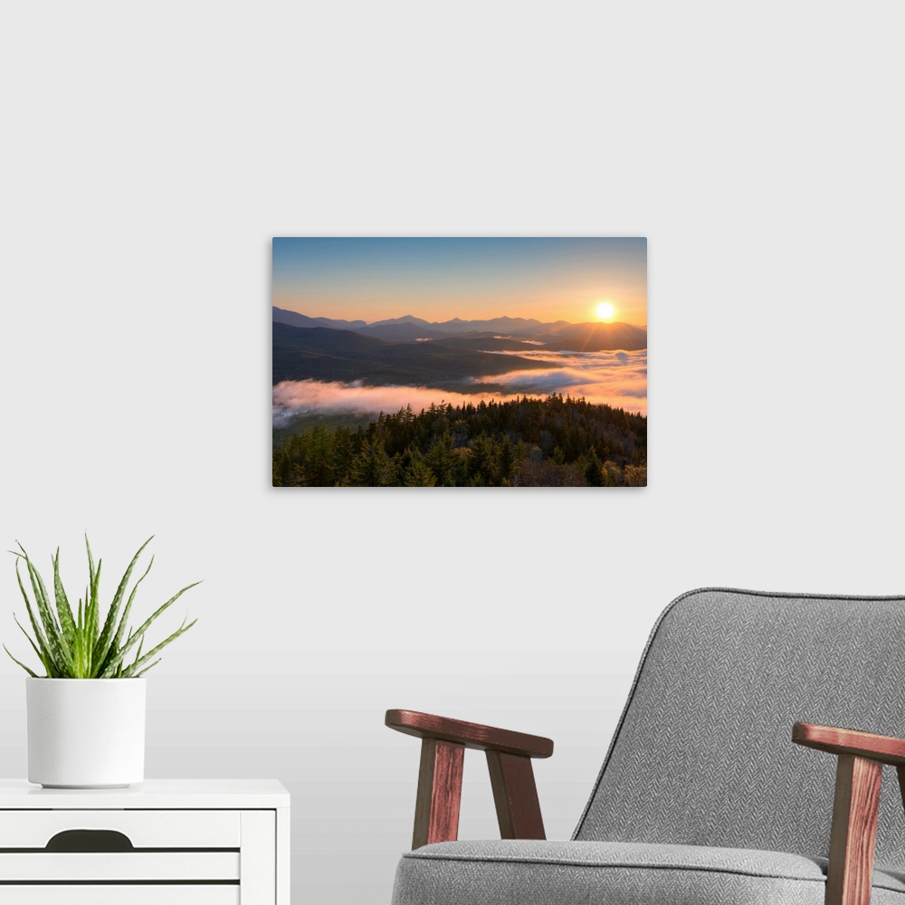 A modern room featuring Sunrise over the Adirondack High Peaks from Goodnow Mountain, Adirondack Park, New York State, USA