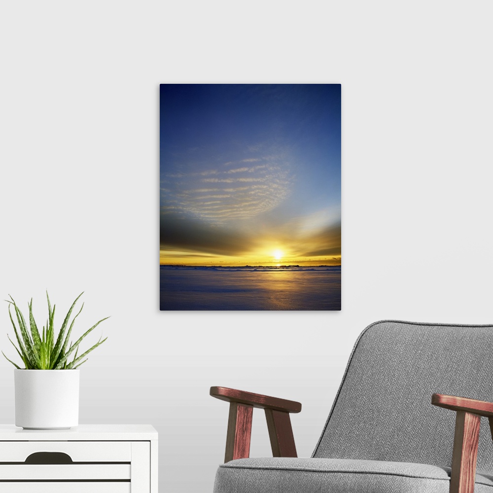 A modern room featuring Sunrise through clouds over Newport Bay, Lake Michigan, Newport State Park, Wisconsin