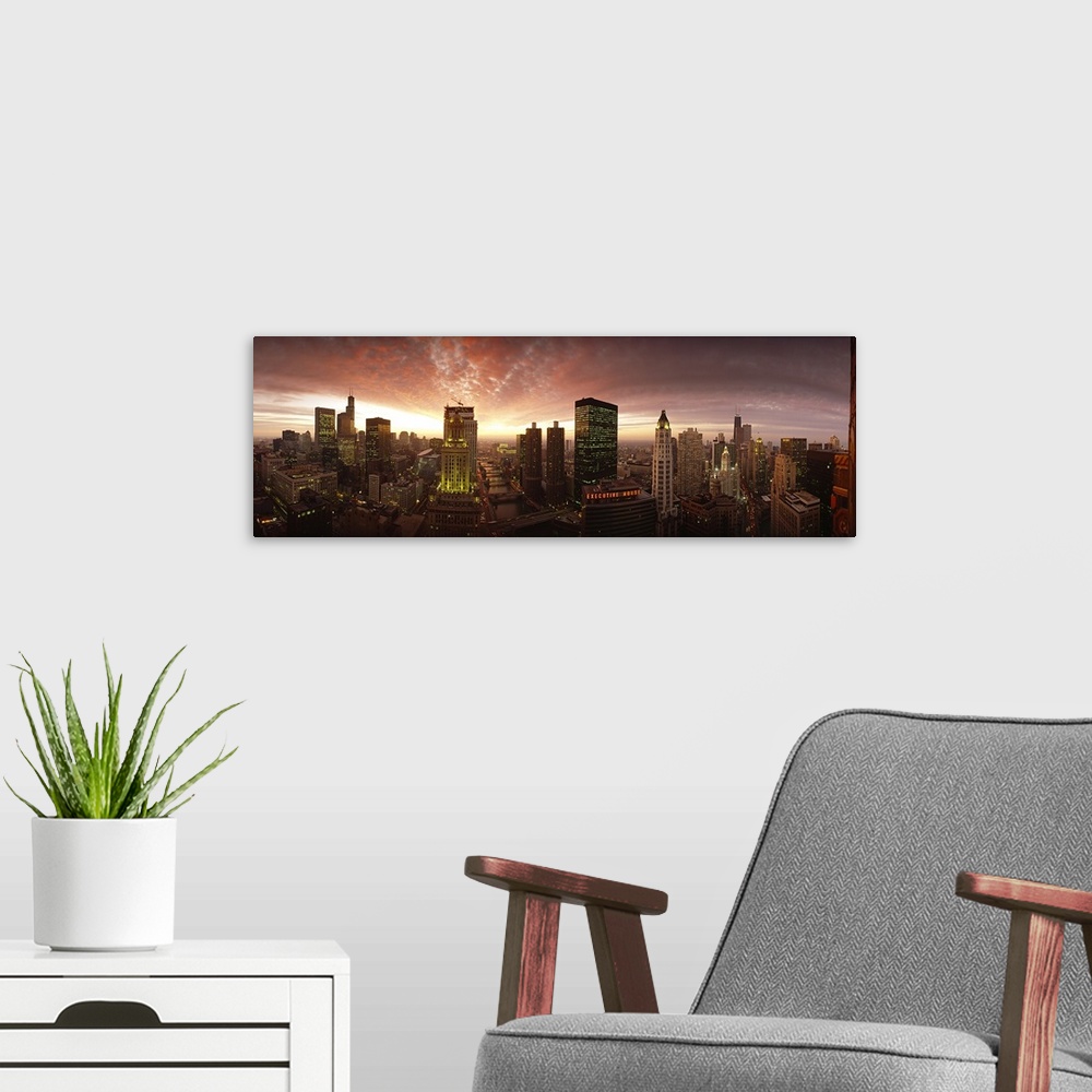 A modern room featuring Sunset cityscape Chicago IL USA