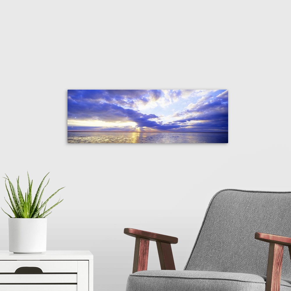 A modern room featuring Panoramic photo print of a sunset over an ocean.