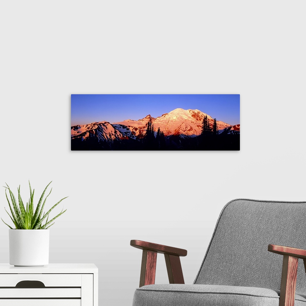 A modern room featuring Panoramic photograph taken of snow topped mountains during sunset with the trees in front silhoue...