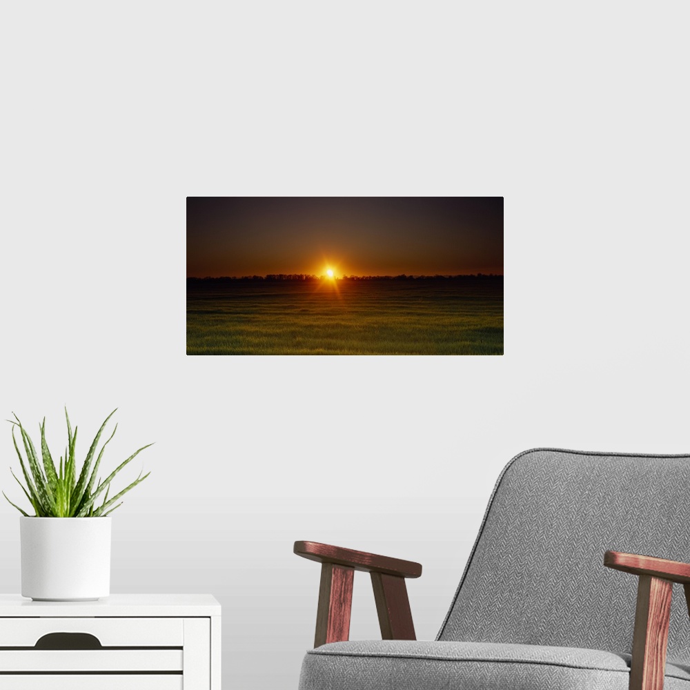 A modern room featuring Sunset over a field, Sacramento County, California