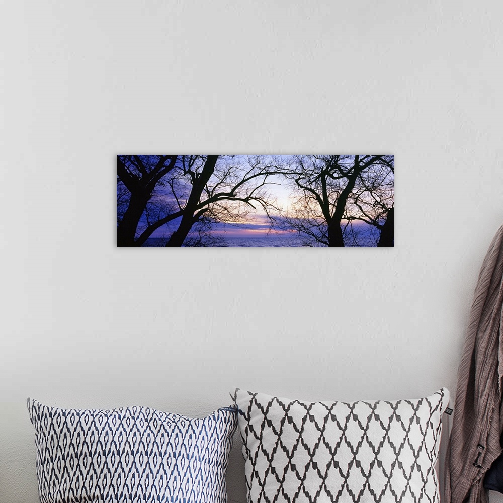 A bohemian room featuring Horizontal panoramic photo of Lake Erie seen between the bare tree branches as the sun sets behin...
