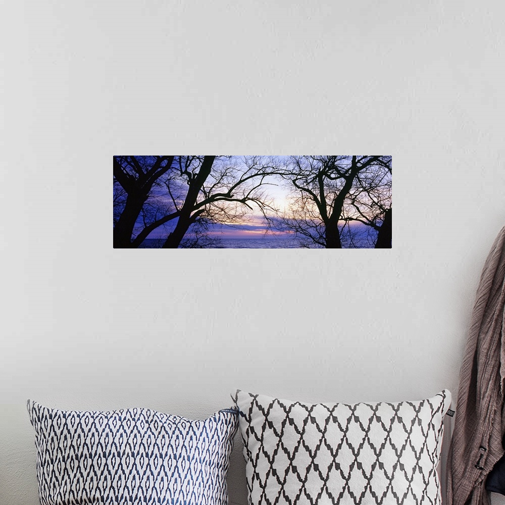 A bohemian room featuring Horizontal panoramic photo of Lake Erie seen between the bare tree branches as the sun sets behin...