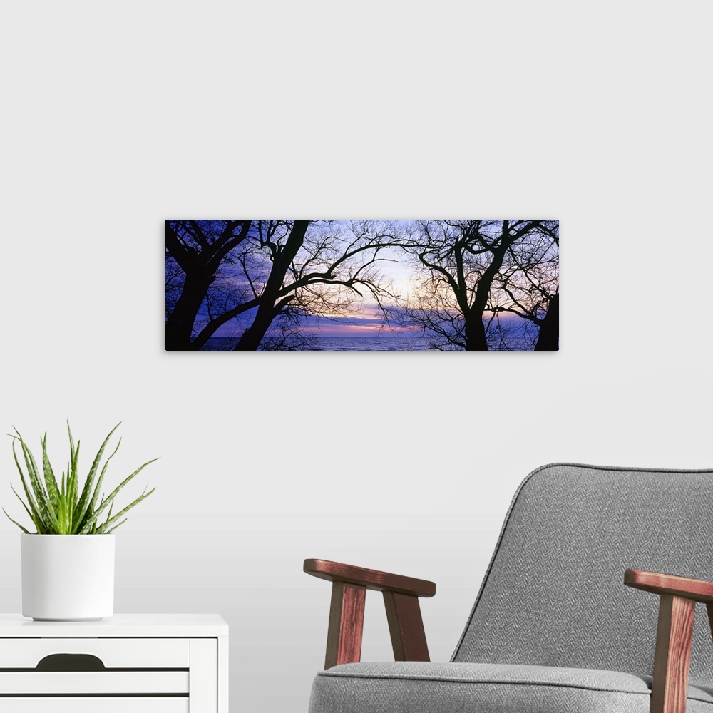 A modern room featuring Horizontal panoramic photo of Lake Erie seen between the bare tree branches as the sun sets behin...