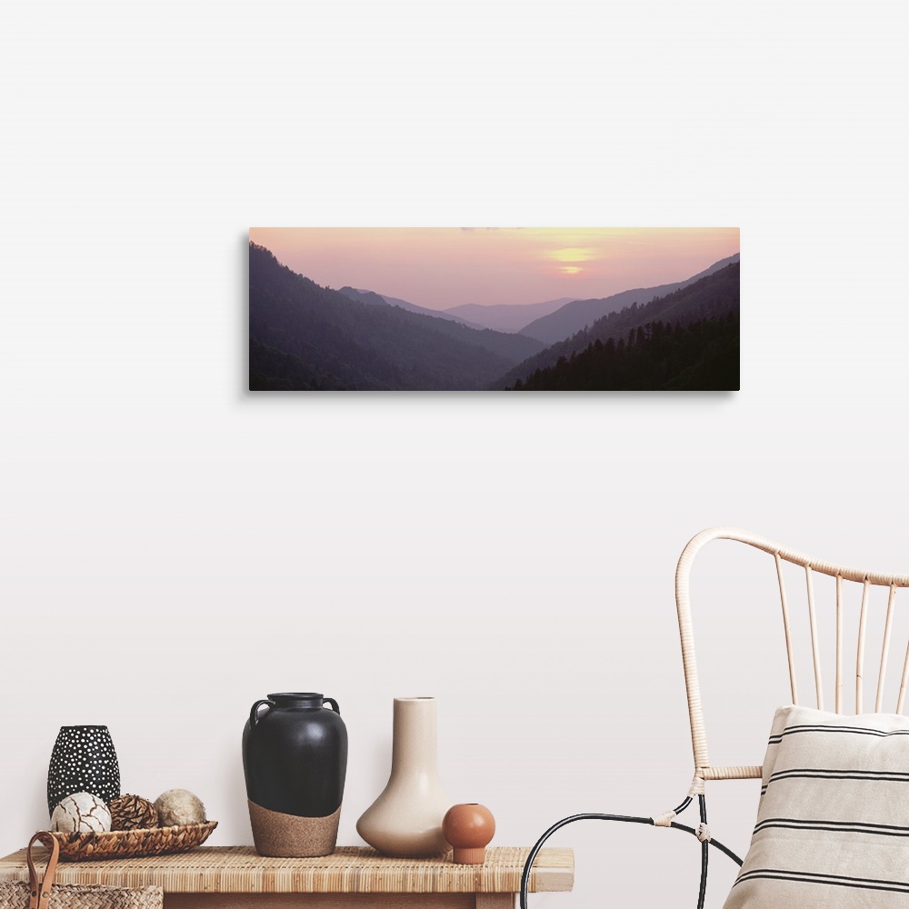 A farmhouse room featuring Panorama of a sunset over the Smoky Mountain National Park in North Carolina.