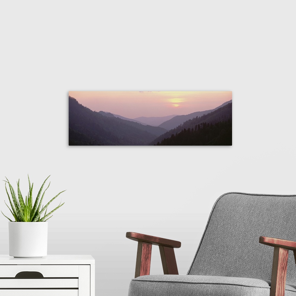 A modern room featuring Panorama of a sunset over the Smoky Mountain National Park in North Carolina.