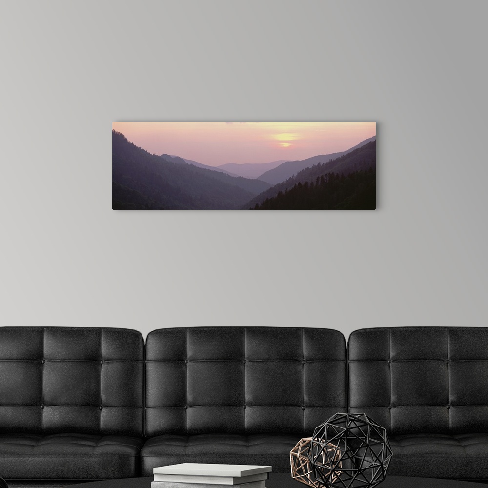 A modern room featuring Panorama of a sunset over the Smoky Mountain National Park in North Carolina.