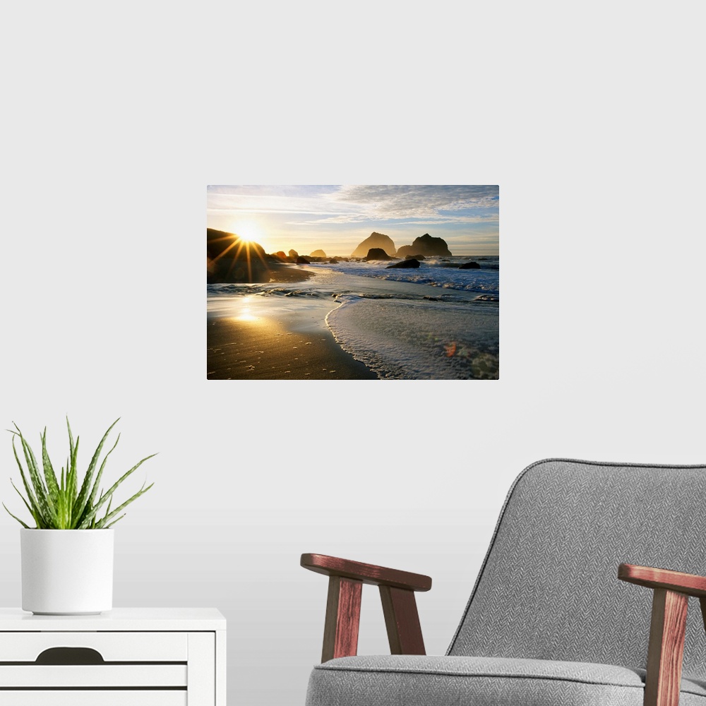 A modern room featuring Panoramic photograph displaying a sunset over an ocean and sandy beach.  In the background you ca...