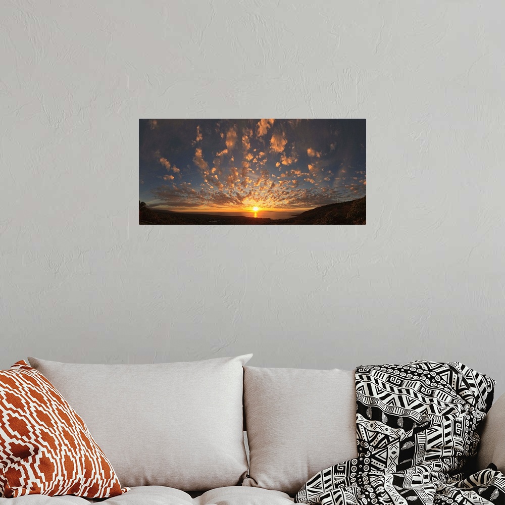 A bohemian room featuring Panoramic photograph taken from the coast of Kona, Hawaii of the sun setting over the Pacific Oce...