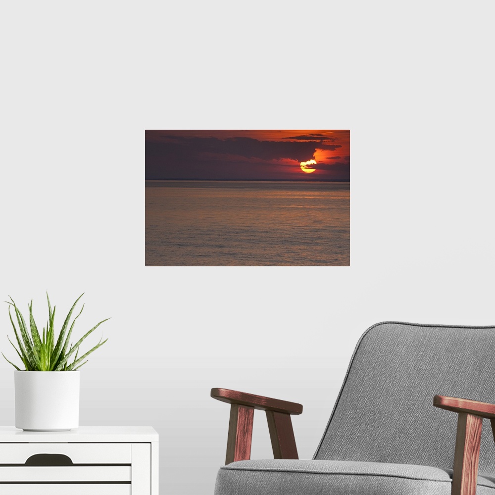 A modern room featuring Sunset over the sea, Long Island Sound, Orient Point, Long Island, New York State