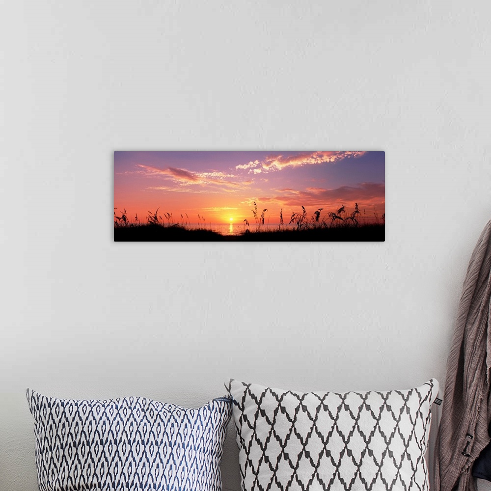 A bohemian room featuring This wall art is a panoramic photograph of silhouetted sea grass in front of a calm sea at the en...