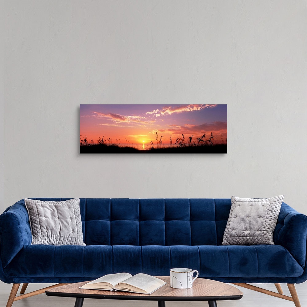 A modern room featuring This wall art is a panoramic photograph of silhouetted sea grass in front of a calm sea at the en...