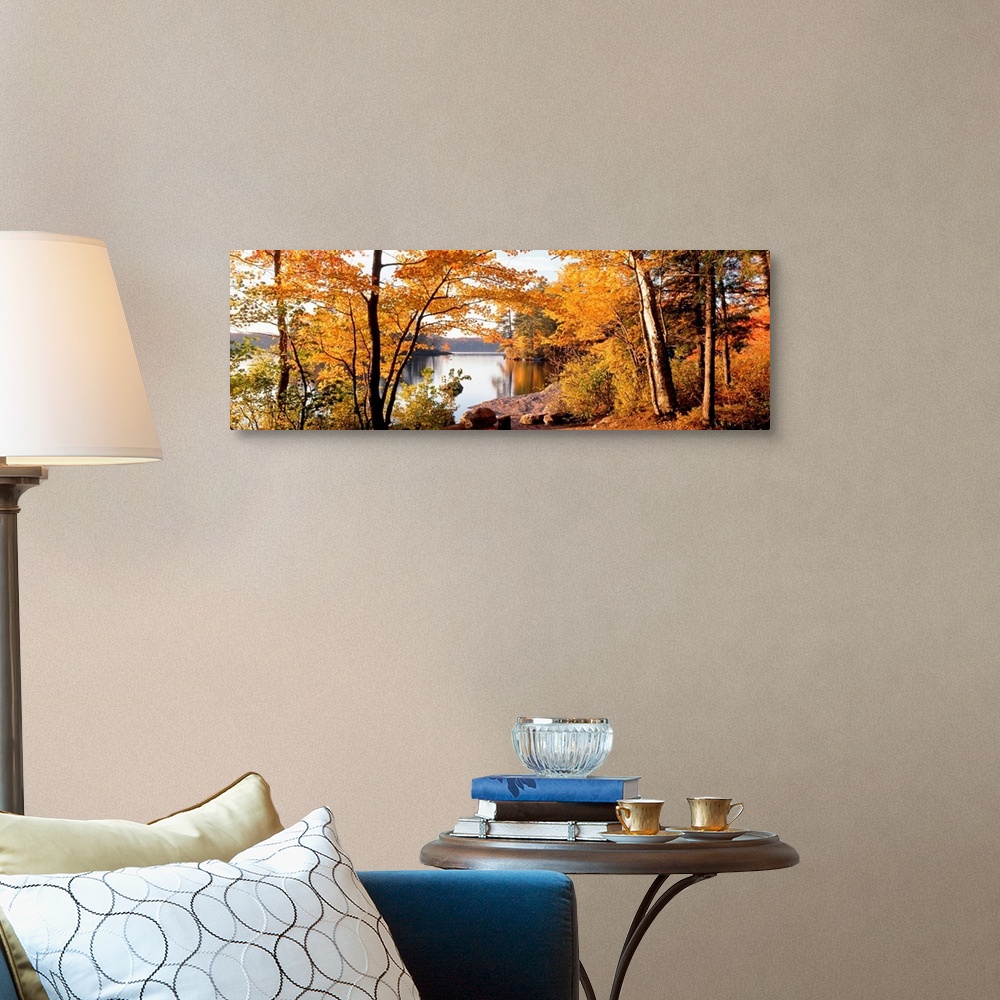 A traditional room featuring Fall foliage frames a panoramic landscape of a lake with calm smooth water.