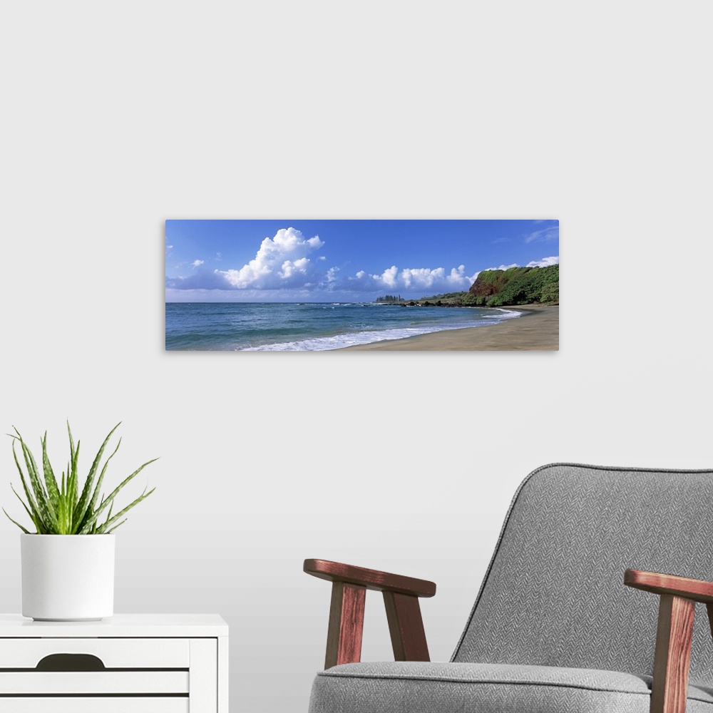 A modern room featuring Horizontal photograph on a giant wall hanging of the shoreline along Hamoa Beach, green hills in ...
