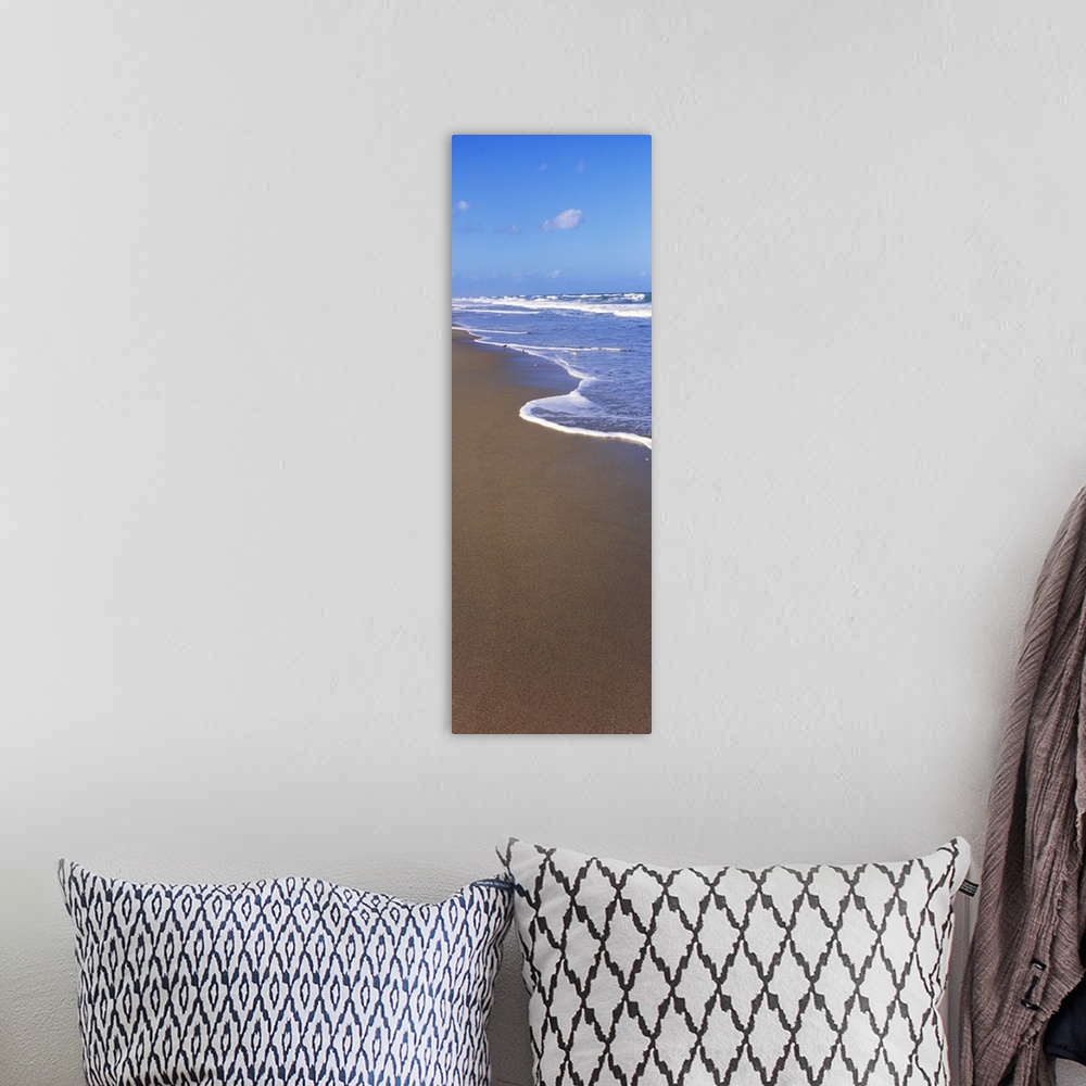A bohemian room featuring A tall panoramic piece of the ocean water rushing up onto the dark sand.