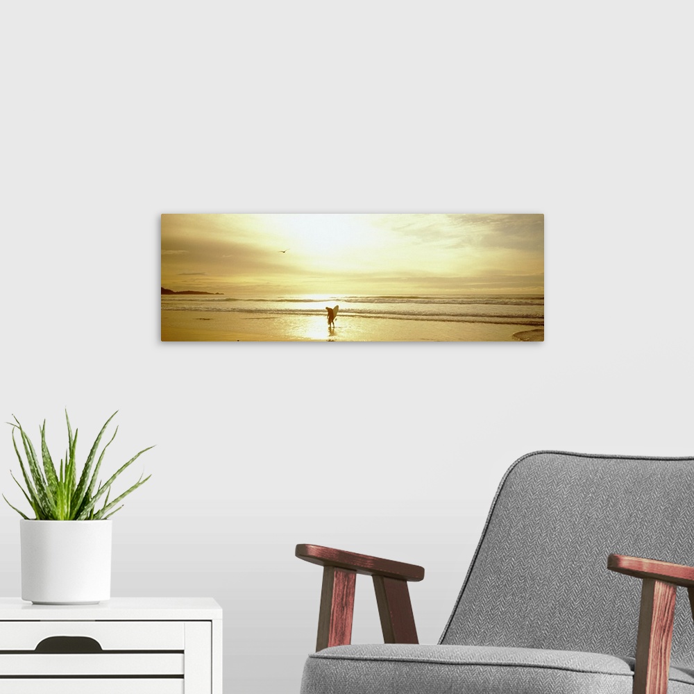A modern room featuring This large panoramic piece is of a lone surfer walking on the beach as the sun is setting giving ...